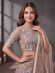 Lovely Lavender Embroidered Net Wedding Wear Lehenga Choli With Dupatta
