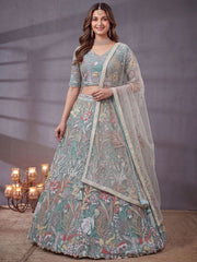 Elegant Pista Green Embroidered Net Wedding Wear Lehenga Choli With Dupatta