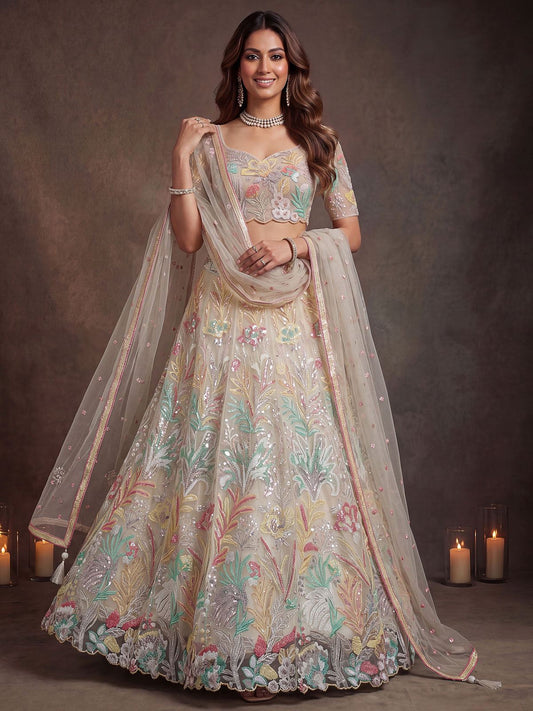 Charming Off-White Sequin Net Wedding Wear Lehenga Choli With Dupatta