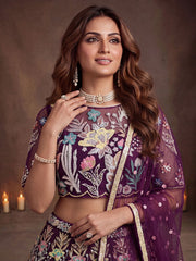 Dazzling Wine Sequin Net Reception Wear Lehenga Choli With Dupatta