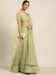 Green Embroidered Beads and Stones Semi-Stitched Lehenga & Unstitched Blouse With Dupatta