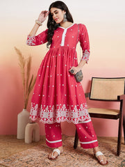 Pink & White Floral Embroidered Flared V-Neck Kurta & Palazzo