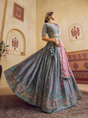Grey Color Silk Fabric Sequins embroidery Semi-Stitched Lehenga choli & Dupatta