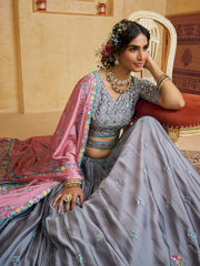 Grey Color Silk Fabric Sequins embroidery Semi-Stitched Lehenga choli & Dupatta