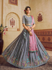 Grey Color Silk Fabric Sequins embroidery Semi-Stitched Lehenga choli & Dupatta