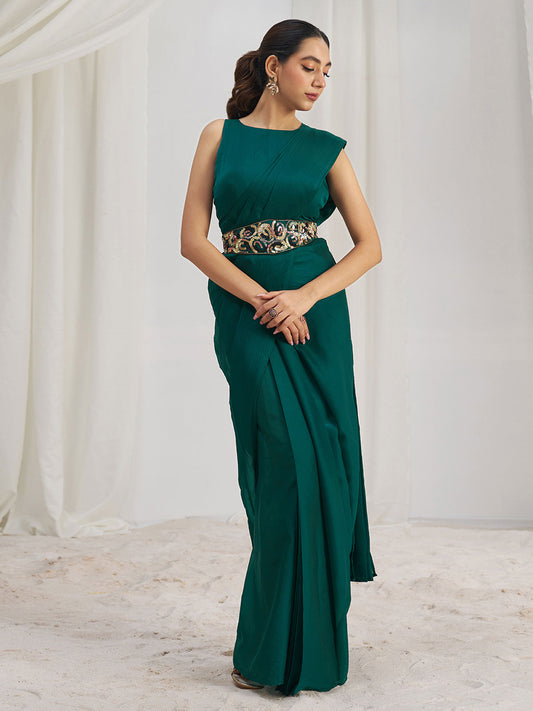 Awesome Teal Green Organza Silk Ready To Wear Saree With Blouse