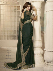 Green And Gold-Toned Sequinned Embroidered Bordered Saree