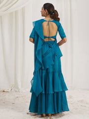 Spectacular Teal Blue Hand Work Organza Silk Ready To Wear Ruffle Saree