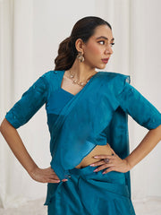 Spectacular Teal Blue Hand Work Organza Silk Ready To Wear Ruffle Saree