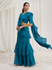 Spectacular Teal Blue Hand Work Organza Silk Ready To Wear Ruffle Saree