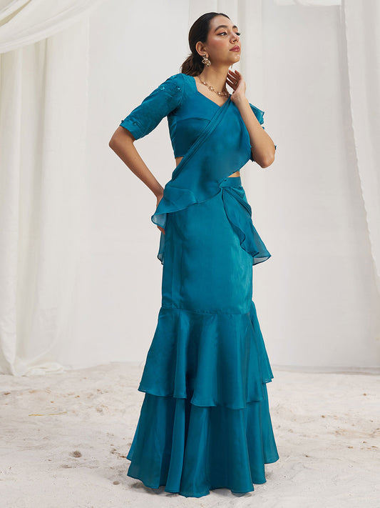Spectacular Teal Blue Hand Work Organza Silk Ready To Wear Ruffle Saree