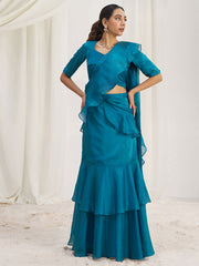 Spectacular Teal Blue Hand Work Organza Silk Ready To Wear Ruffle Saree