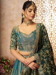 Regal Green Tissue Base, Banarasi Patches and Zari Work designer lehenga