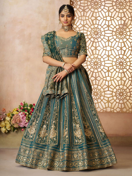 Regal Green Tissue Base, Banarasi Patches and Zari Work designer lehenga