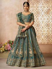 Regal Green Tissue Base, Banarasi Patches and Zari Work designer lehenga