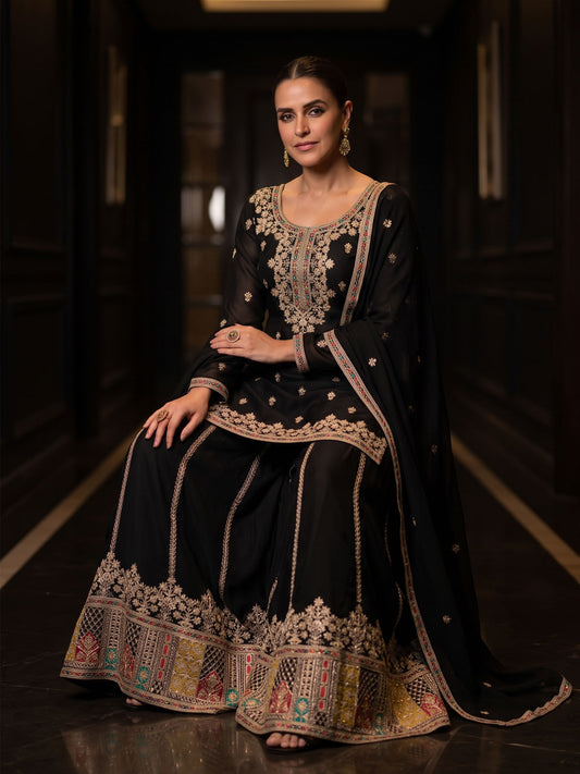 Black Chinon Embroiderd Sharara Suit