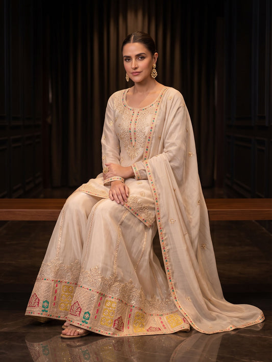 Cream Chinon Embroiderd Sharara Suit