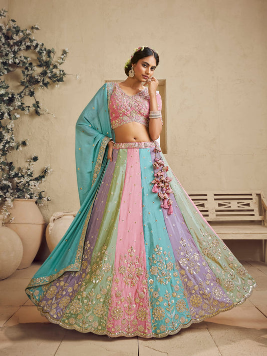 Turquoise Blue Multi Color Kali Georgette Fabric Golden Sequined,Thread,Coding Embroidered Semi-Stitched Lehenga choli