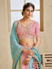 Turquoise Blue Multi Color Kali Georgette Fabric Golden Sequined,Thread,Coding Embroidered Semi-Stitched Lehenga choli