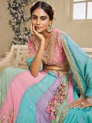 Turquoise Blue Multi Color Kali Georgette Fabric Golden Sequined,Thread,Coding Embroidered Semi-Stitched Lehenga choli