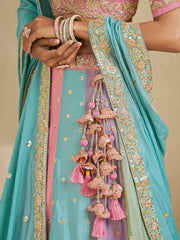Turquoise Blue Multi Color Kali Georgette Fabric Golden Sequined,Thread,Coding Embroidered Semi-Stitched Lehenga choli