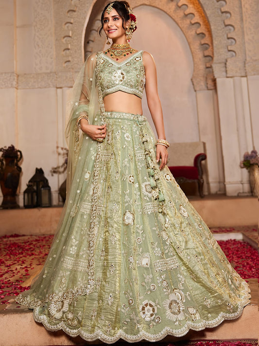 Lime Green Tissue Fabric Sequins embroidery Semi-Stitched Lehenga choli and Dupatta