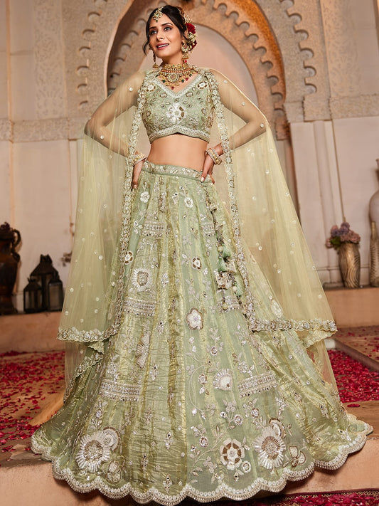 Lime Green Tissue Fabric Sequins embroidery Semi-Stitched Lehenga choli and Dupatta