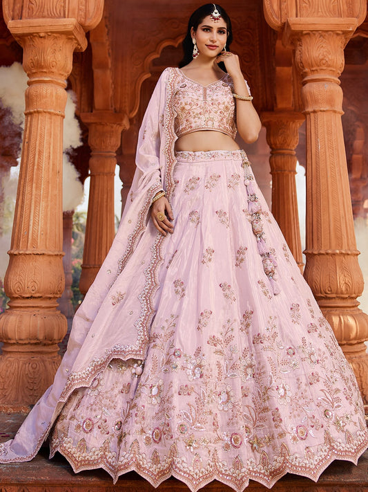 Coral Tissue Sequinse embroidery Semi-Stitched Lehenga choli and Dupatta