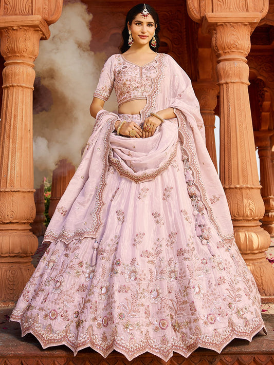 Coral Tissue Sequinse embroidery Semi-Stitched Lehenga choli and Dupatta