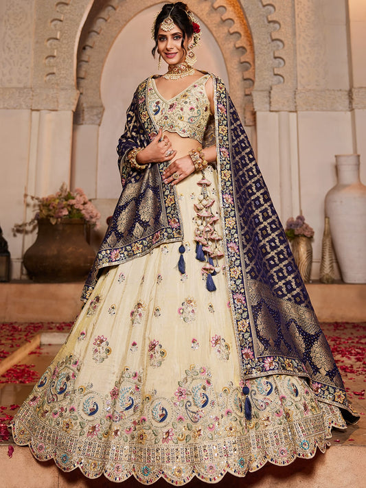 Cream colour Tissue Sequinse embroidery Semi-Stitched Lehenga choli and Dupatta