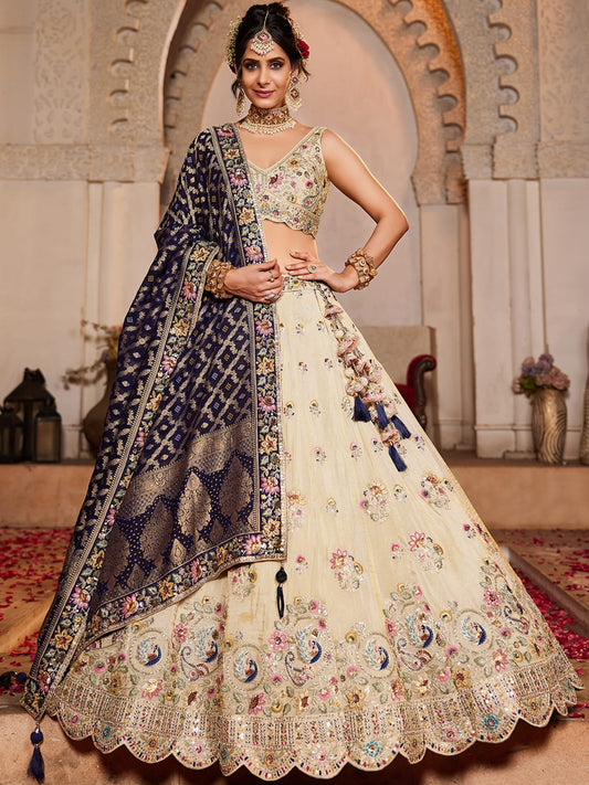 Cream colour Tissue Sequinse embroidery Semi-Stitched Lehenga choli and Dupatta