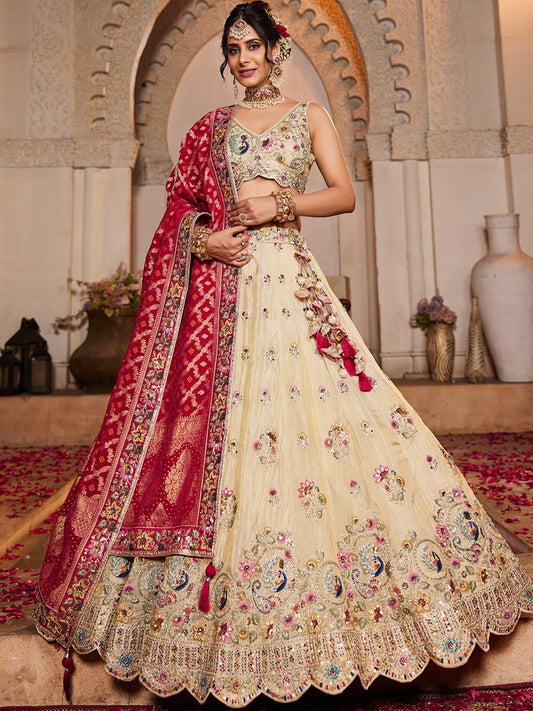 Cream colour Tissue Sequinse embroidery Semi-Stitched Lehenga choli and Dupatta
