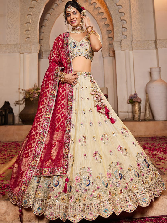 Cream colour Tissue Sequinse embroidery Semi-Stitched Lehenga choli and Dupatta