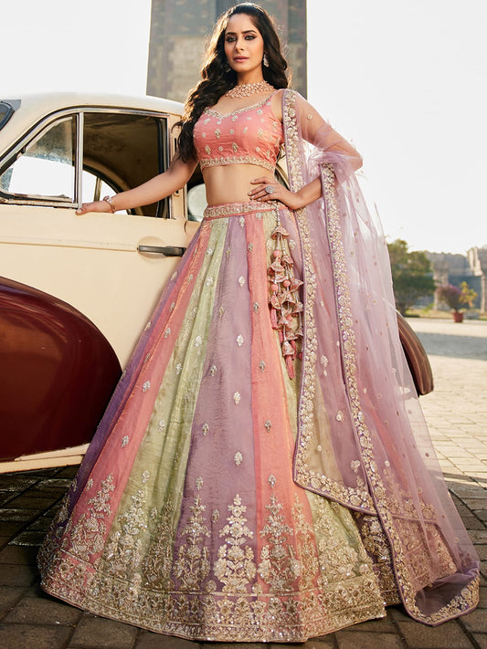 Multi colour Tissue Sequinse embroidery Semi-Stitched Lehenga choli and Dupatta
