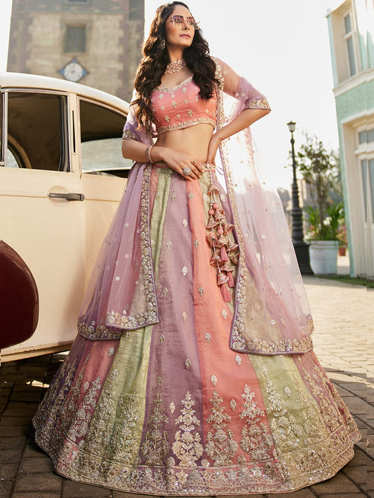 Multi colour Tissue Sequinse embroidery Semi-Stitched Lehenga choli and Dupatta