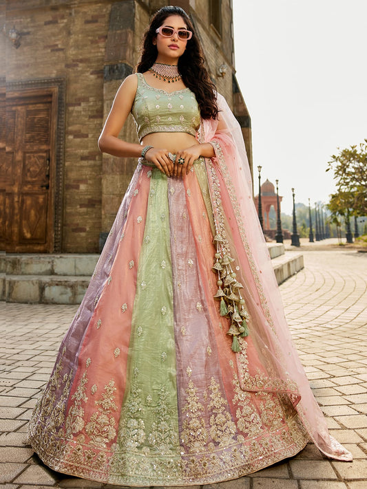 Multi colour Tissue Sequinse embroidery Semi-Stitched Lehenga choli and Dupatta