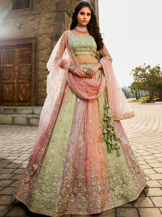 Multi colour Tissue Sequinse embroidery Semi-Stitched Lehenga choli and Dupatta