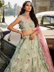 Lime green Satin Silk Sequins embroidery Semi-Stitched Lehenga choli and Dupatta