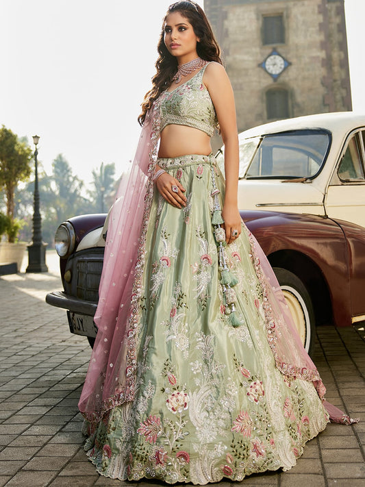 Lime green Satin Silk Sequins embroidery Semi-Stitched Lehenga choli and Dupatta