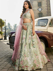 Lime green Satin Silk Sequins embroidery Semi-Stitched Lehenga choli and Dupatta