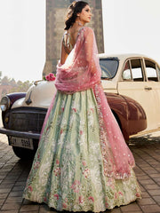 Lime green Satin Silk Sequins embroidery Semi-Stitched Lehenga choli and Dupatta