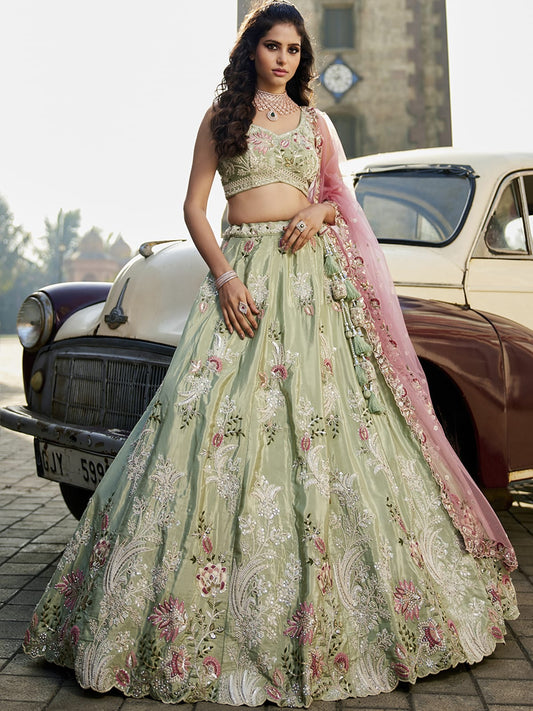 Lime green Satin Silk Sequins embroidery Semi-Stitched Lehenga choli and Dupatta