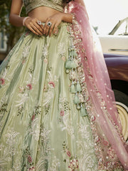 Lime green Satin Silk Sequins embroidery Semi-Stitched Lehenga choli and Dupatta
