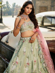 Lime green Satin Silk Sequins embroidery Semi-Stitched Lehenga choli and Dupatta