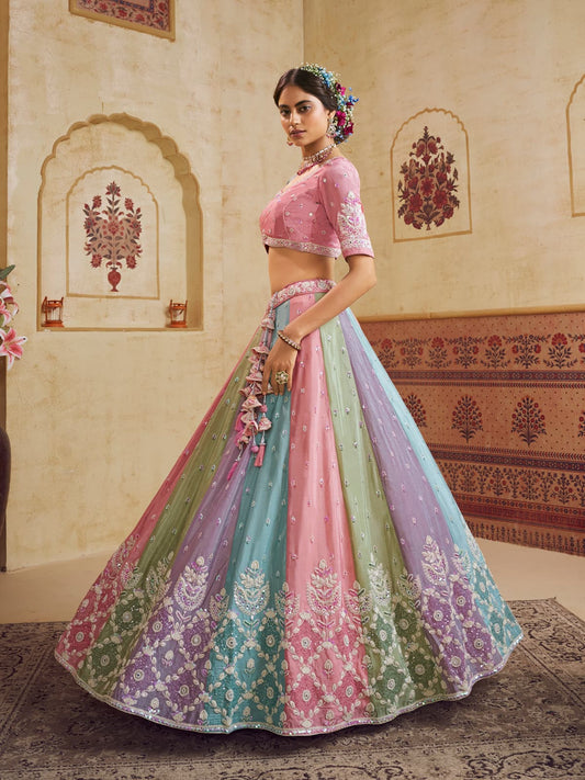 Turquoise Blue Color Poly Chiffon Fabric Sequins embroidery Semi-Stitched Lehenga choli & Dupatta