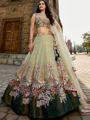 Green Net Sequinse embroidery Semi-Stitched Lehenga choli and Dupatta