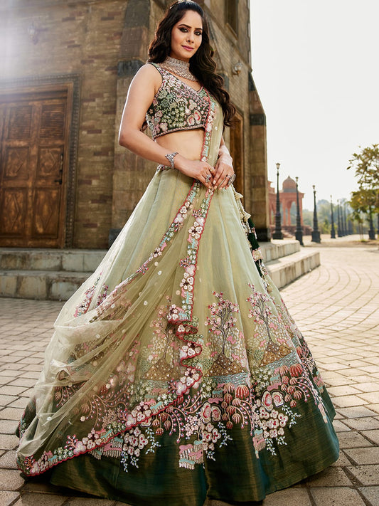 Green Net Sequinse embroidery Semi-Stitched Lehenga choli and Dupatta