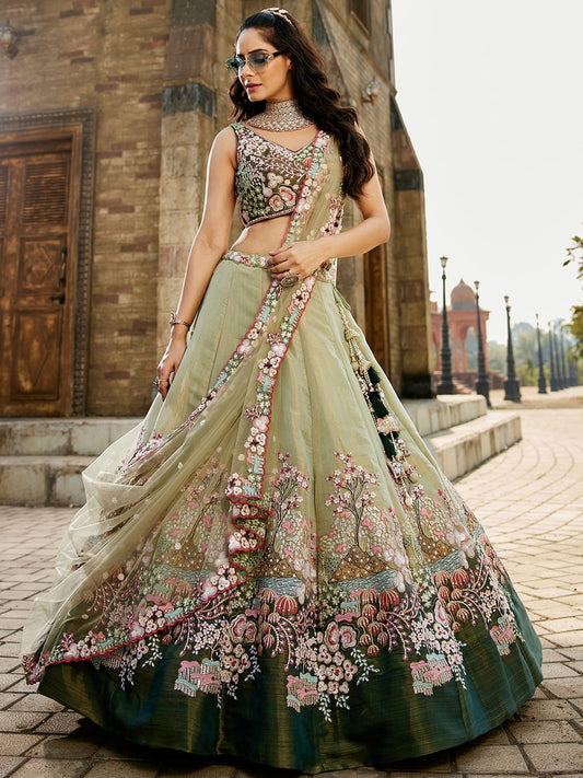 Green Net Sequinse embroidery Semi-Stitched Lehenga choli and Dupatta