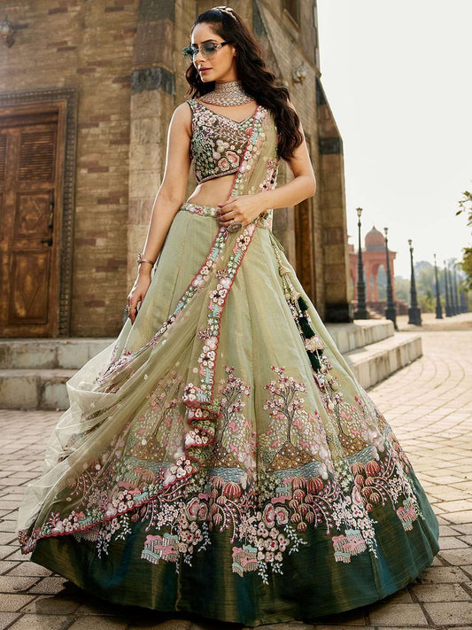 Green Net Sequinse embroidery Semi-Stitched Lehenga choli and Dupatta