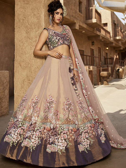 Purple Net Sequinse embroidery Semi-Stitched Lehenga choli and Dupatta
